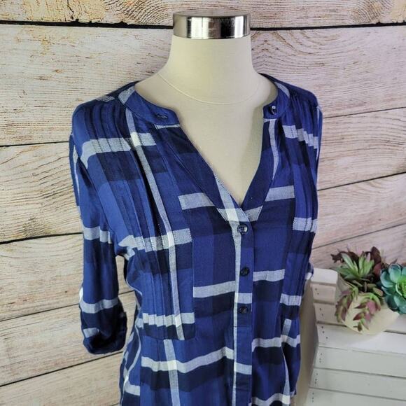 Harper Women's Plaid Flannel Collarless Henley Button-up Shirt Blue Small - Picture 3 of 8